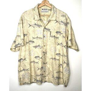Columbia Mens Shirt Allover Fish Print Short Sleeve Button Up Tan Beige Medium